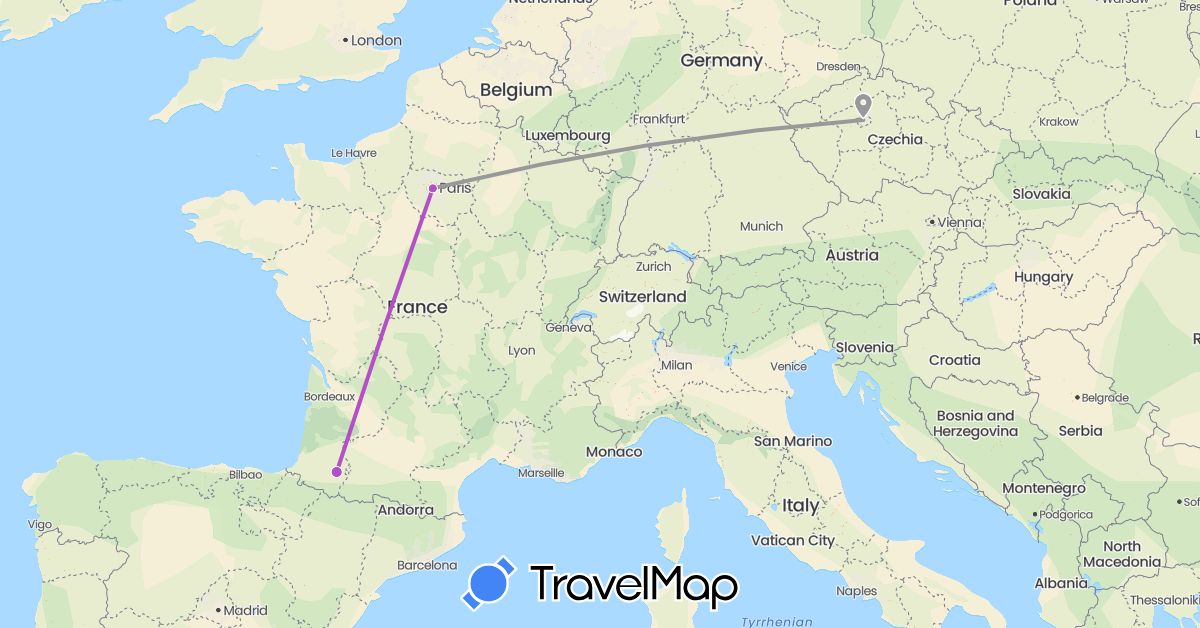 TravelMap itinerary: driving, plane, train in Czech Republic, France (Europe)